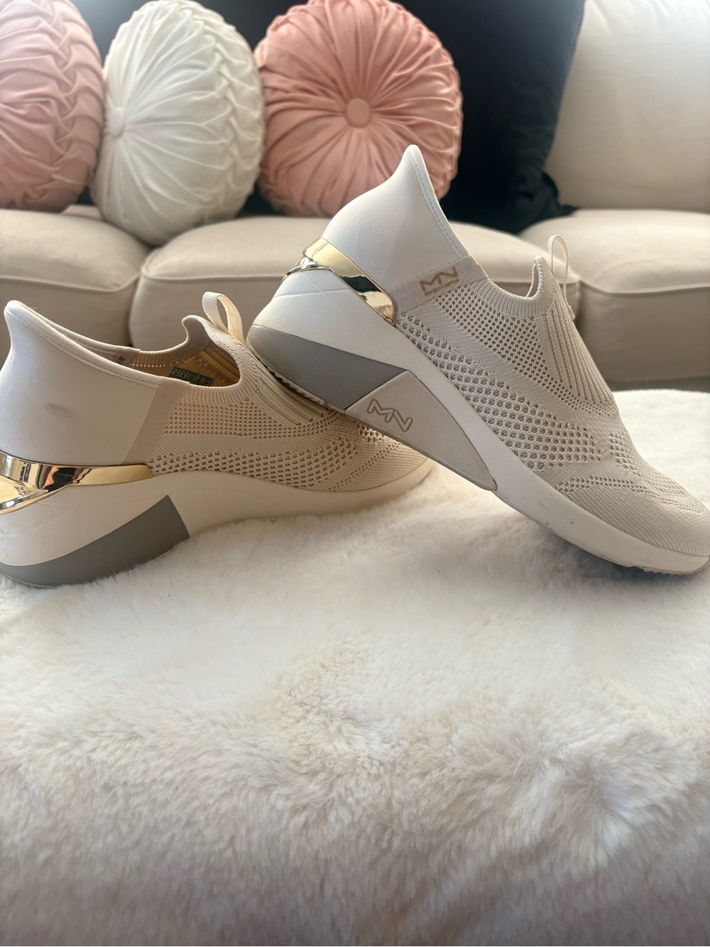 Skechers Mark Nason Slip-On Knit Sneakers in Cream with Gold Trim